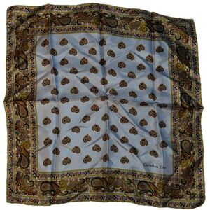 Christian Dior 100% Silk paisley blue gold hand rolled sewn 19" sq scarf